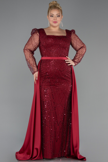 Robe De Fiançailles Grande Taille Perlé Longue Rouge Bordeaux ABU4761