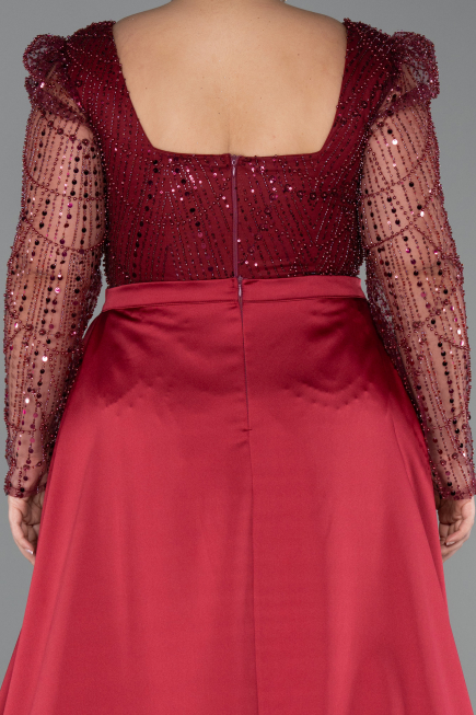 Robe De Fiançailles Grande Taille Perlé Longue Rouge Bordeaux ABU4761