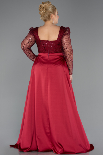 Robe De Fiançailles Grande Taille Perlé Longue Rouge Bordeaux ABU4761
