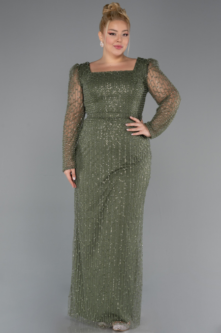 Robe de Soirée Grande Taille Longue Perlé Kaki ABU5433