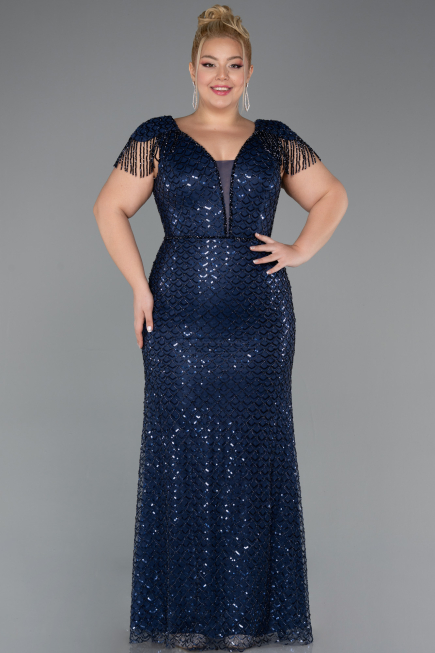 Robe De Soirée Grande Taille Longue Perlé Bleu Marine ABU5367