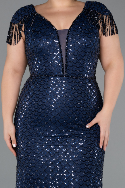 Robe De Soirée Grande Taille Longue Perlé Bleu Marine ABU5367