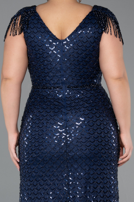 Robe De Soirée Grande Taille Longue Perlé Bleu Marine ABU5367
