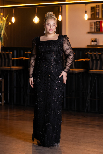 Robe de Soirée Grande Taille Longue Perlé Noir ABU5433