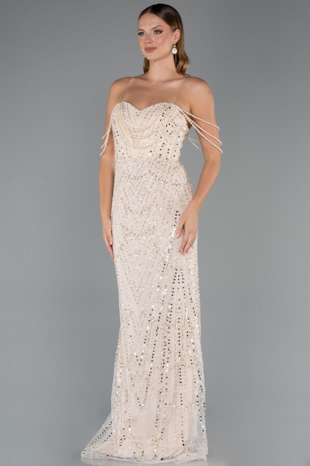 Robe de Soirée Longue Perlé Beige ABU5477