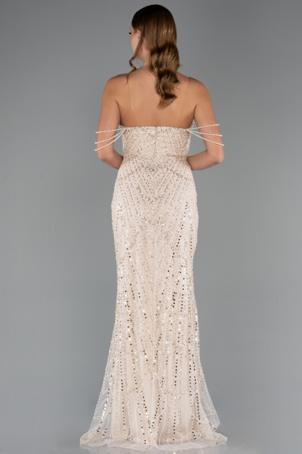 Robe de Soirée Longue Perlé Beige ABU5477