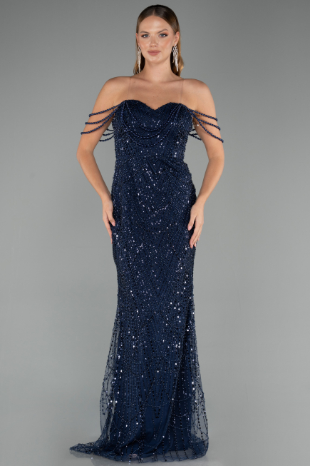 Robe de Soirée Longue Perlé Bleu Marine ABU5477