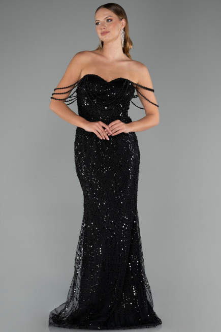 Robe de Soirée Longue Perlé Noir ABU5477