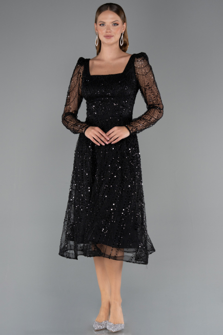 Robe de Cérémonie Midi Perlé Noir ABK2469
