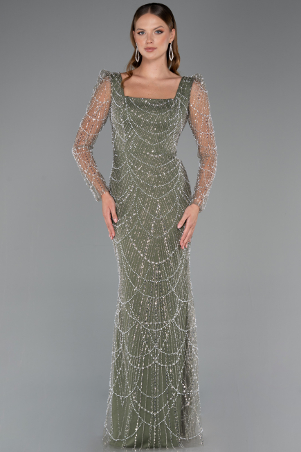 Robe De Fiançailles Grande Taille Perlé Longue Kaki ABU4761