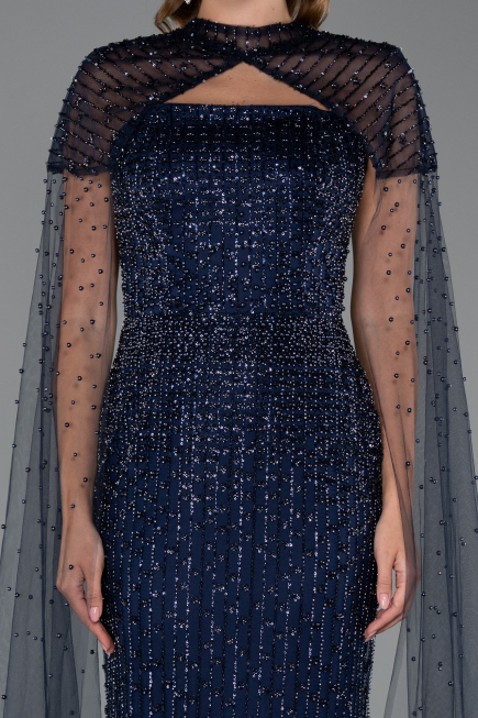 Robe de Soirée Longue Perlé Bleu Marine ABU5483