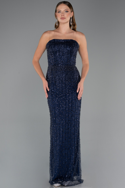 Robe de Soirée Longue Perlé Bleu Marine ABU5483