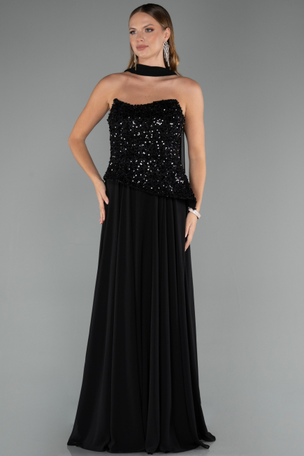 Robe de Soirée Longue Mousseline Noir ABU5486