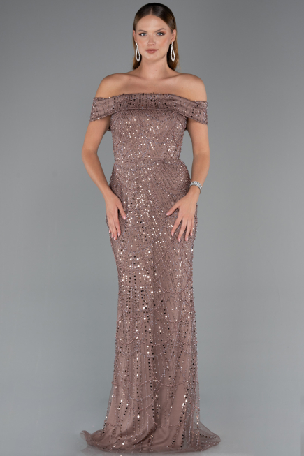 Robe de Soirée Longue Perlé Cuivre ABU5492