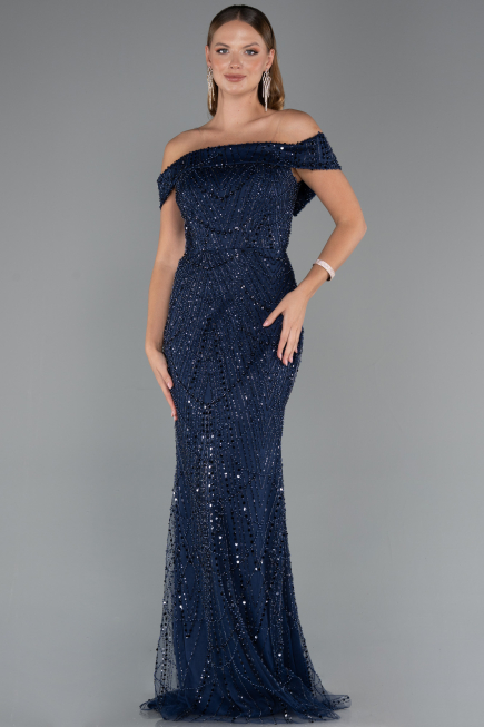 Robe de Soirée Longue Perlé Bleu Marine ABU5492