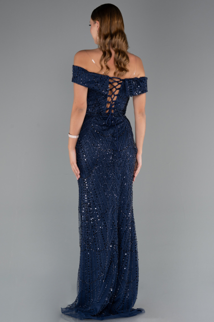 Robe de Soirée Longue Perlé Bleu Marine ABU5492