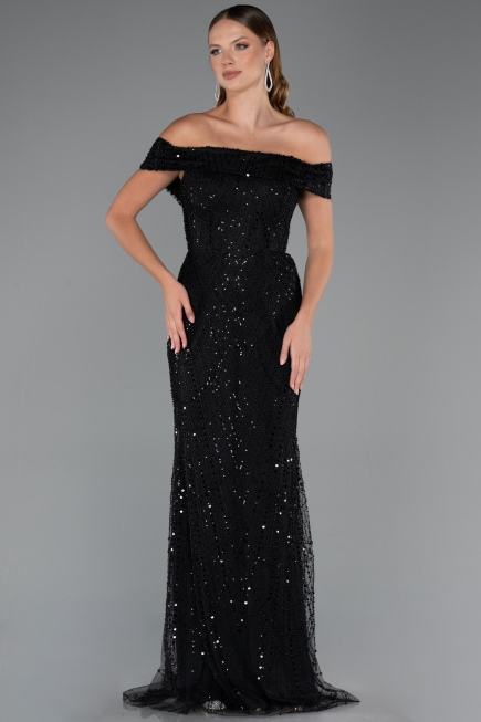Robe de Soirée Longue Perlé Noir ABU5492