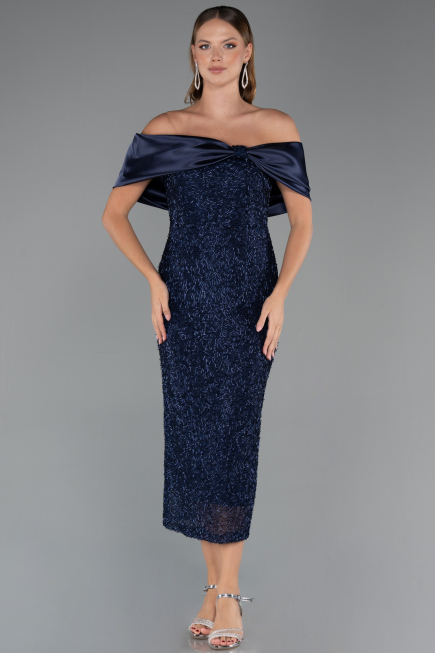 Robe De Soirée Midi Perlé Bleu Marine ABK2461