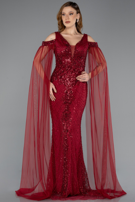 Robe de Soirée Longue Perlé Rouge Bordeaux ABU5497