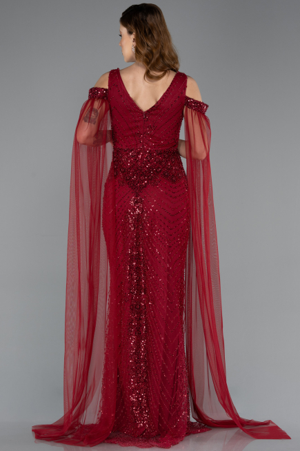 Robe de Soirée Longue Perlé Rouge Bordeaux ABU5497