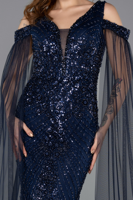 Robe de Soirée Longue Perlé Bleu Marine ABU5497