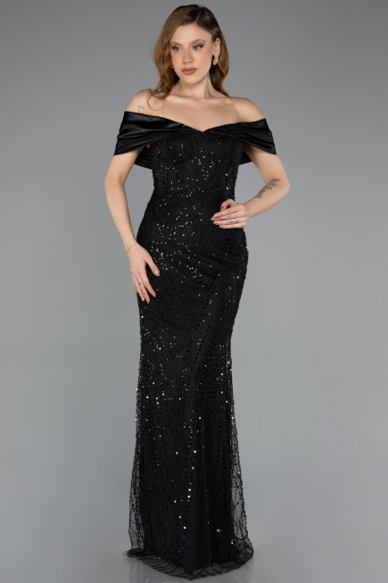 Robe de Soirée Longue Perlé Noir ABU5503