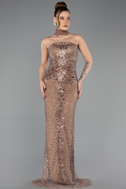 Robe de Soirée Longue Perlé Cuivre ABU5438