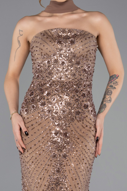 Robe de Soirée Longue Perlé Cuivre ABU5438