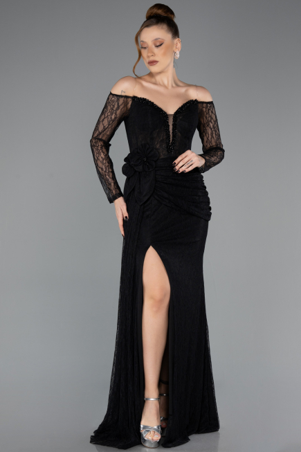 Robe de Soirée Longue Dantelle Noir ABU5509