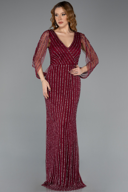 Robe de Soirée Longue Pierreux Rouge Bordeaux ABU5475