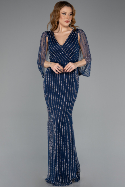 Robe de Soirée Longue Pierreux Bleu Marine ABU5475