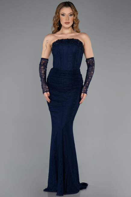 Robe de Soirée Longue Dantelle Bleu Marine ABU5510