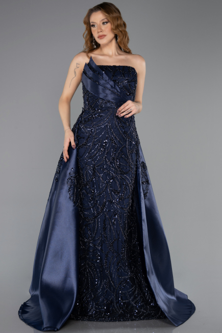Robe de Soirée Longue Perlé Bleu Marine ABU5511
