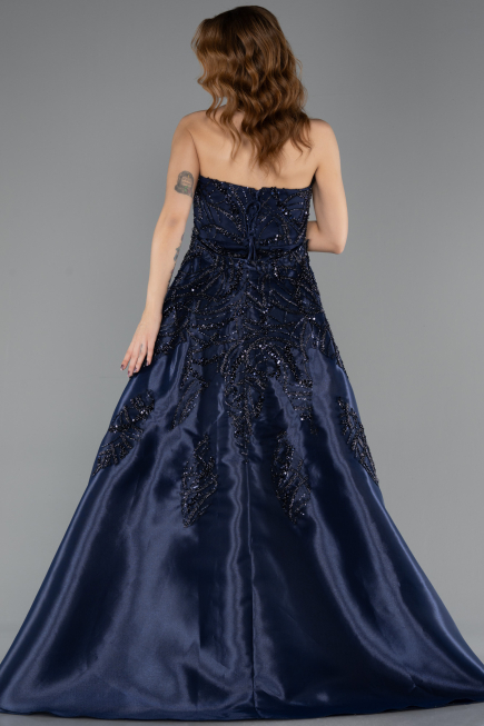 Robe de Soirée Longue Perlé Bleu Marine ABU5511