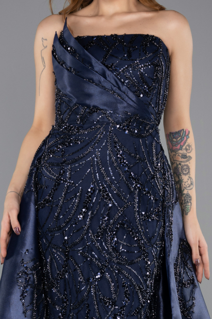 Robe de Soirée Longue Perlé Bleu Marine ABU5511
