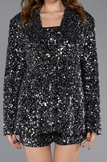 Robe De Soirée Courte Velours à Paillettes Noir-Argent ABK2481