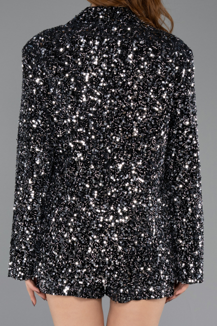 Robe De Soirée Courte Velours à Paillettes Noir-Argent ABK2481