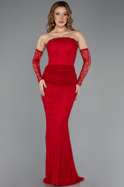 Robe de Soirée Longue Dantelle Rouge ABU5510