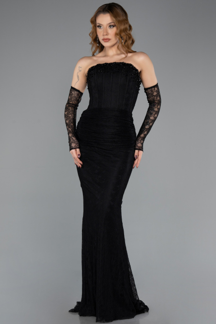 Robe de Soirée Longue Dantelle Noir ABU5510