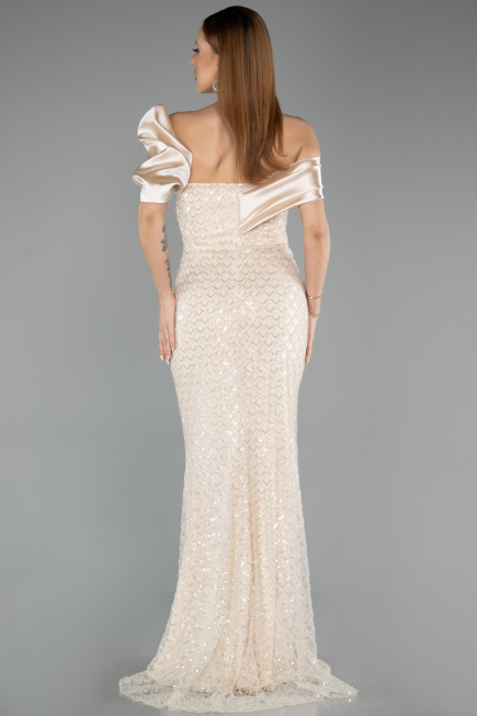 Robe de Soirée Longue Squameuse Beige ABU5529