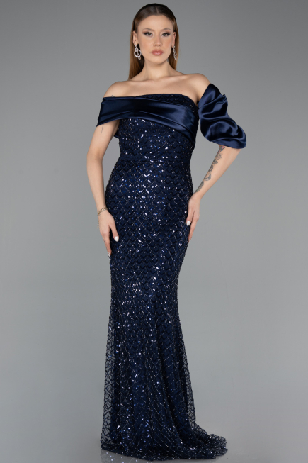 Robe de Soirée Longue Squameuse Bleu Marine ABU5529