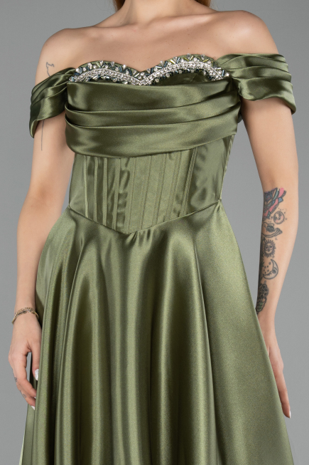 Robe de Soirée Longue Satin Kaki ABU5530