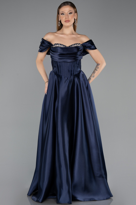 Robe de Soirée Longue Satin Bleu Marine ABU5530