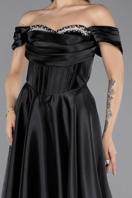Robe de Soirée Longue Satin Noir ABU5530