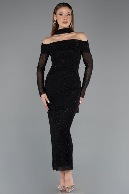 Robe de Cérémonie Midi Pierreux Noir ABK2491