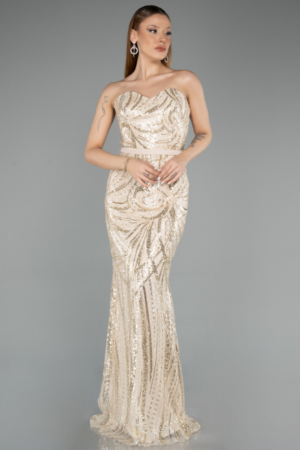 Robe de Soirée Longue Beige ABU5537