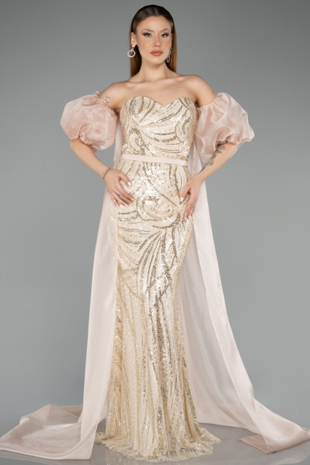 Robe de Soirée Longue Beige ABU5537