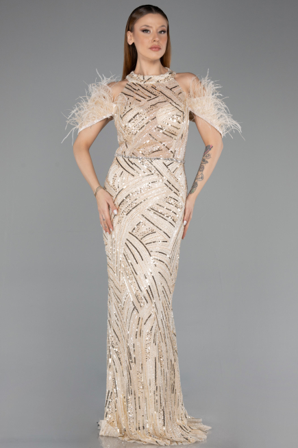 Robe de Soirée Longue Beige ABU5538