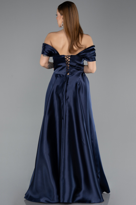 Robe de Soirée Longue Satin Bleu Marine ABU5530