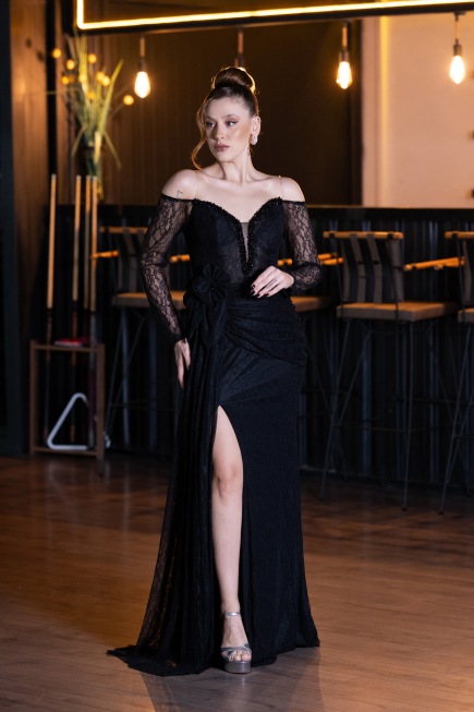 Robe de Soirée Longue Dantelle Noir ABU5509